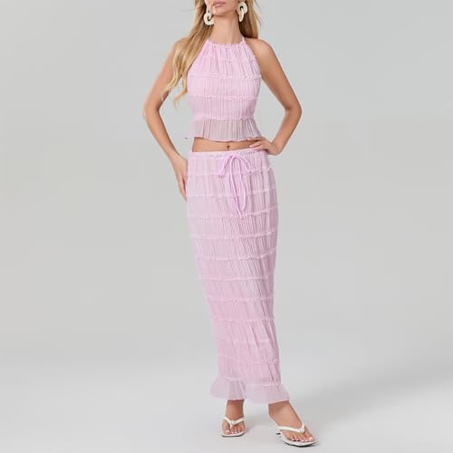 Image of Women Y2K Skirt Set Outfits Strapless Crop Top Bodycon Midi Skirt Dress Sexy 2 Piece Knit Outfits Skirt Summer
