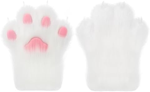 Furry Cat Wolf Fox Paw Gloves White