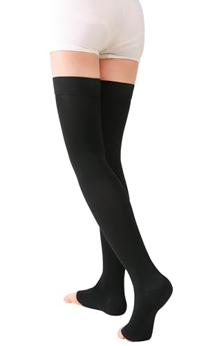 Image of TOFLY Thigh High Compression Socks for Women & Men (Pair), Open Toe, Opaque, Firm Support 30-40mmHg Graduated Compression Hose, Medical Compression Stockings for Varicose Veins, Edema, DVT,Black XL