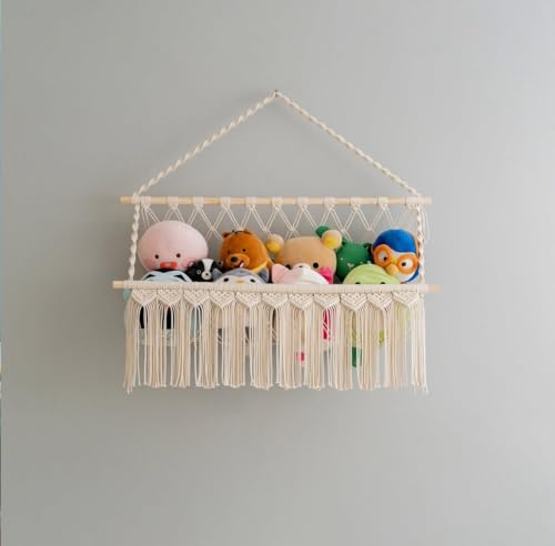 Image of Decazone Macrame Toy Hammock Organizer for Stuffed Animals | Handmade Cotton Rope Storage Net | Boho Wall Hanging Nursery Organizer | Corner Mesh Hammock for Kids Room & Home Decor (1 Tier)