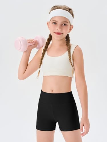 Haloumoning Girls Athletic Shorts Kids High Waisted Yoga Dance Biker Shorts Comfy Gymnastics Shorts 5-14Y, Black, 9-10 Years — view 3