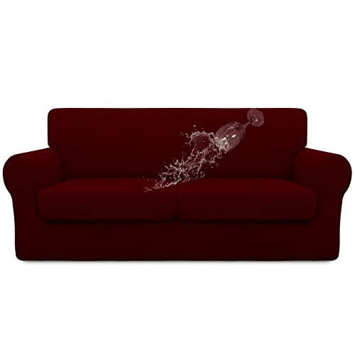 Image of Easy-Going Waterproof 3-Piece Oversized Loveseat Couch Covers for Sofa | 3-Piece Set Spandex Sofa Cover Slipcover Elastic Bottom Dog Pet Friendly Wine