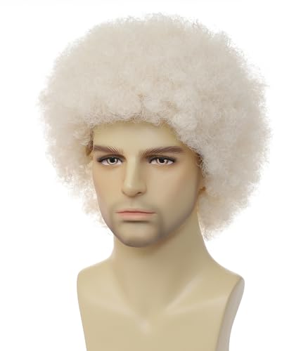 Image of Men's Afro Wig, 70s Disco Fluffy Curly Synthetic Wig, Retro Big Afro Wig for Halloween, Cosplay, 80s Theme Party and Bob Ross Costume.(Platinum Blonde)