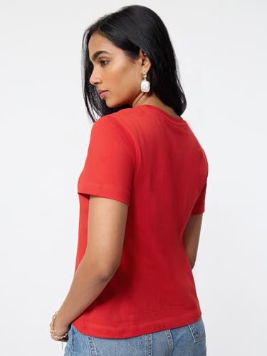 Image of The Souled Store Casual Classics: Women and Girls Short Sleeves Spread Collar Solid Cotton Regular Fit Breathable Lightweight Trendy Everyday T-Shirt