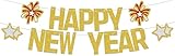 Cartel de Feliz Año Nuevo, suministros de decoración de fiesta de Año Nuevo, decoraciones de fiesta NYE 2026, pancarta temática de Año Nuevo con temática de Hello 2026, color dorado, rojo y plateado