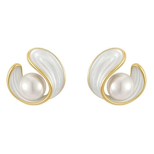 Pearl Stud Earrings for Women Stainless Steel Unique Statement Small Pearl Enamel Button Statement Vintage Earring Jewelry