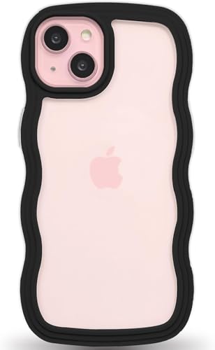 Image of GoldKart iPhone 15 Plus Case Wavy Edge Clear Back Design, Anti-Slip Grip Cute Wave Curly Frame Shape Shockproof Soft TPU & Hard PC Bumper Protective Phone Case Cover for Women Girls - Black