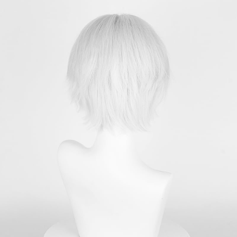 Image of LABEAUTE Unisex Short Silver White Cosplay Wig Male Man Woman With Bangs Anime Fluffy Cosplay Hair Wigs for Party and Halloween for Gift + Free Cap