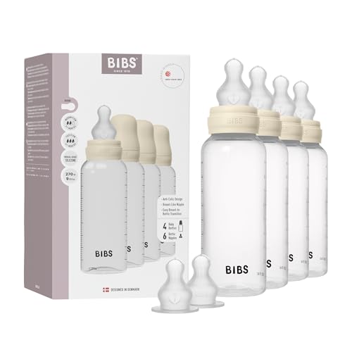 Image of BIBS Baby Bottle 270 ml Silicone Nipple 4 Pack - Anti-Colic, BPA-Free, Round Nipple, Lightweight & Easy to Clean, Suitable for Newborns 0+ Years, 4-Pack + 2 Extra Nipples - Ivory