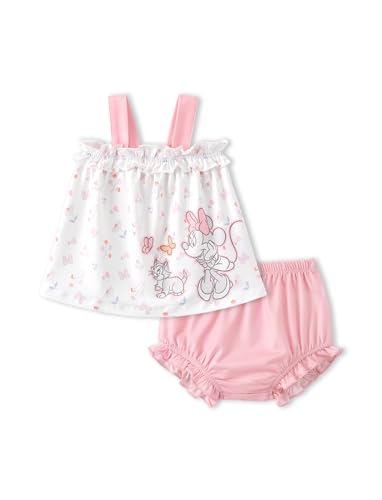 Disney Mickey and Friends Baby Girl Minnie Baby Girl Cloth Outfit Sleeveless Ruffle Top Dress and Diaper Cover Set Infant 2PCS Summer Clothing Set Floral Cartoon Babies Outfits 6-9 Months