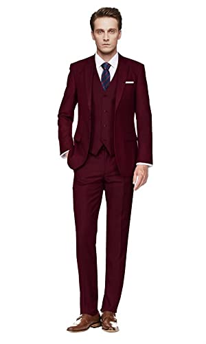 Image of Men's Slim Fit 3 Piece Suit Two Button Business Wedding Dress Tux Suit Set Jacket Vest Pants with Tie