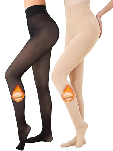 Ibeauti Womens Fleece Lined Tights Sheer Warm Fake Translucent Thermal Pantyhose Stretchy Thick Fleece Tights Control Top