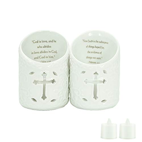 Dreamseden Set Of 2 Ceramic Christian Cross Tealight Candle Holder With Bible Verses Include Flickering Led Flameless Tea Light Candles For Wedding And Home Decor #TOP18