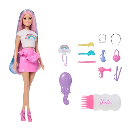 Barbie Rainbow Sparkle Hair Doll Extra-Long and Colorful Hair with 12 Styling Accessories Like Glitter Tube Brush Clips Hair Dryer and More