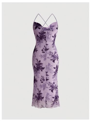Image of SOLY HUX Women's Floral Mesh Bodycon Cami Dress Cowl Neck Sleeveless Cocktail Party Wedding Guest Long Maxi Dresses
