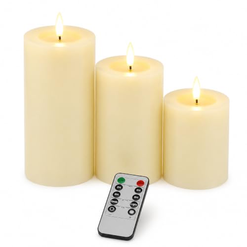 Image of JHY DESIGN Flickering Flameless Candles Battery Operated with 10-Key Remote & 2 /4 /6 /8-Hour Timer, Real Wax Pillar Grease Effect LED Candles Set for Chrismas /Home Decorations(Ivory)