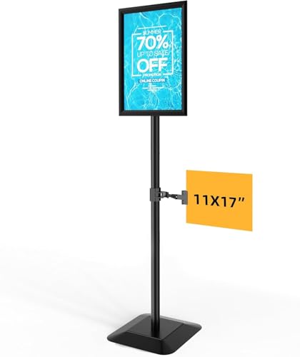 Image of Adjustable Sign Stand for Display, Heavy Duty Sign Holder Floor Stand with Base, Aluminum Snap Open Frame 11 x 17, with Anti-Slip Solid Steel Square Pedestal and Signage Clip