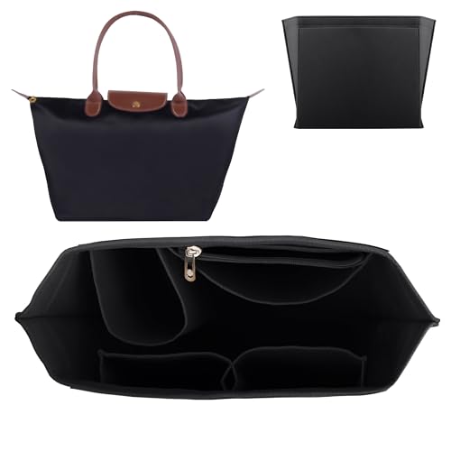 ZhengYue Bag Organizer Insert Felt Purse Organiser Divider with Multi-Pocket and Zip Folding Handbag Accessories Wallet Liner for Longchamp Le Pliage Tote Black L