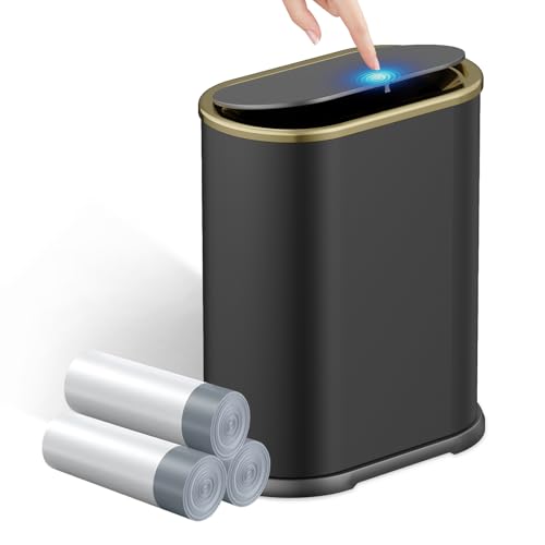 Image of KSSKSS 1.8 Gallons Small White Bathroom Trash Can with Lid, Slim Bathroom Garbage Bin, Dog Proof Trash Can with Pop-Up Lid for Bedroom,Toile, Black