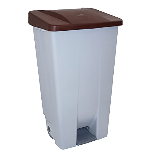 Contenedor de Reciclaje con Pedal 120L Gris con Tapa Marrón – Cubo de Basura Selectivo con Ruedas y Asa Ergonómica, Plástico Resistente y Fácil Limpieza | Denox