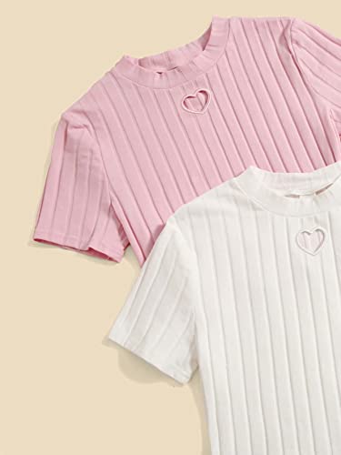 SHENHE Girl's 2 Piece Mock Neck Short Sleeve Crop Tops Heart Embroidery Cutout Ribbed T Shirts4