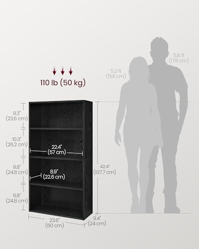 VASAGLE Custos Collection - Bookshelf, 4-Tier Bookcase, Book Shelf, Open Storage Shelf, 9.4 x 23.6 x 42.4 Inches, for Living Room, Home Office, Dinning Room, Ebony Black ULBC164T56 - Image 4