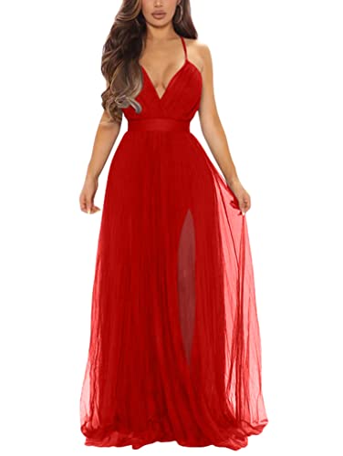 XXTAXN Women's Sexy Deep V Neck Split Cocktail Party Formal Bridesmaid Maxi Dress Red