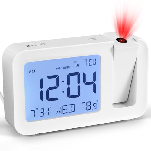ALLOMN Despertador con Proyección Digital para Dormitorio Salón Reloj Despertador Proyector con Temperatura y Fecha, 4 Brillo, Función de repetición de 9 Minutos, 12/24H, Modo de fin de semana/día