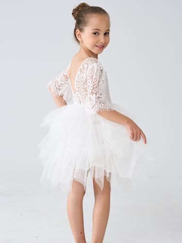 2Bunnies Girl Peony Lace Back A-Line Tiered Tutu Tulle Flower Girl Dress (White Bell Sleeve, 5)