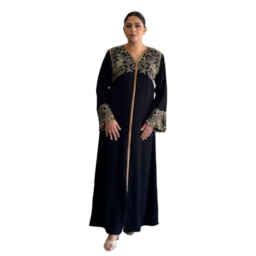 Abaya noire longue LA KASHA col en V broderie dorée et manches longues