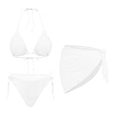 White Women 3 Piece Swimsuits - Halter Triangle Bikini Sets with Cover Up Sexy String Tie Side Bathing Suits M