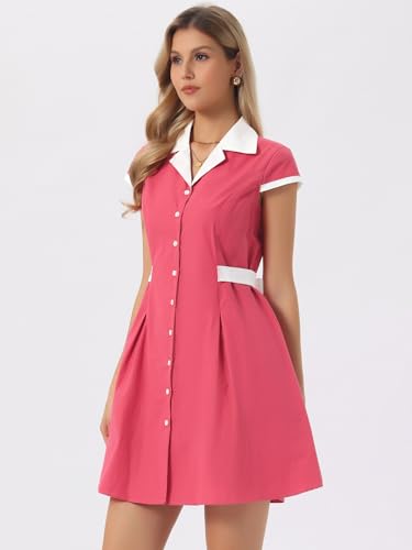 Image of Allegra K Women's Vintage Button Down Shirt Dress Notch Lapel Short Sleeve Belted Office Mini Short Dresses