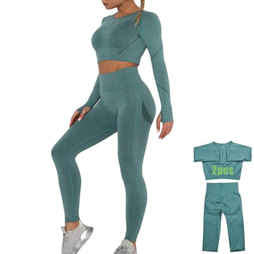 DONYKARRY Damen 2-teiliges Nahtloses Trainingsanzug Yoga Outfit Jogginganzug Set Freizeitanzug（2 Pcs-Grün,L）