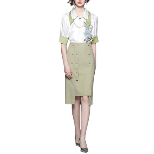Ensemble haut et jupe midi vintage brodé à col à revers et manches mi-longues