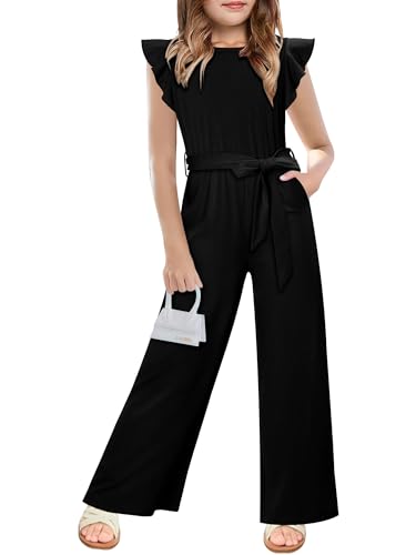 Yoklass Girls Summer Black Wide Leg Zipper Jumpsuit Pocket 7-8Y
