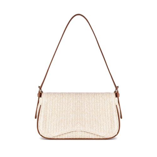 Bolsa feminina de palha para o verão - bolsa de praia ajustável, bolsa de mão de ráfia boho e bolsa de ombro para férias, bolsa transversal de tecido, Bege, Medium