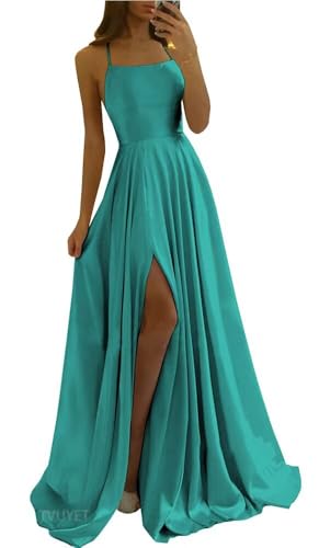 Image of Tvuyet Satin Prom Dresses Long with Pockets Spaghetti Straps A Line Bridesmaid Dresses with Side Slit Ball Gown