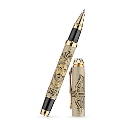 Image of Shree Khatu Shyam ji Pen | Baba Shyam ji Etched Pen | Brass Metal Pen of Khatoo Shyaam Baba | Premium Roller Metal Engraving Pen with Diamond Lid