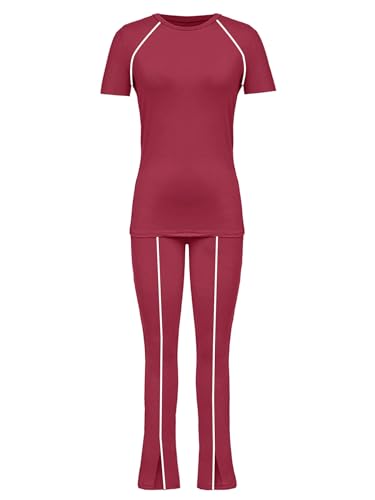 Image of STOLKISS Women 2 Piece Outfits Summer Workout Sweatsuit Striped Short Sleeve Long Flare Pants Casual Travel Tracksuit