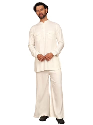 Image of See Designs Men's Full Sleeve Mandarin Collar Viscose Rayon Solid Pathani Set
