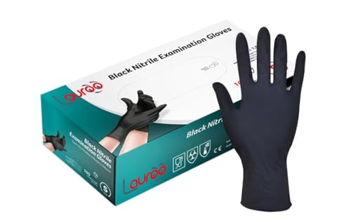Lauroo OM Guantes de nitrilo negros aptos para alimentos, sin látex, sin polvo, 100 unidades, talla S