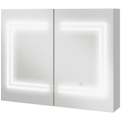 kleankin Armario de Baño con Espejo con Luz LED Camerino de Baño con Color de Luz Ajustable y 2 Puertas Estantes Ajustables Interruptor Táctil y 80x15x65 cm Blanco Brillante