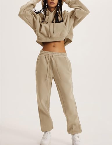 Flygo Womens Fleece 2 Piece Outfits Sweatsuit Crop Pullover Sweatshirt Joggers Pants Tracksuit Set