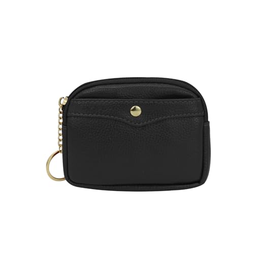 Women Leather Coin Purse, Small Change Wallet Coin Pouch with Key Chain and Zip Portable Change Purse for Women (Black)