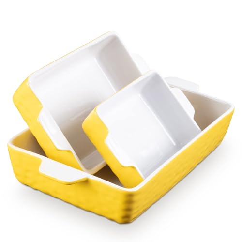 Juego de 3 utensilios de cerámica para hornear, cacerola rectangular de horno a mesa con asas (6.5 pulgadas, 8.7 pulgadas, 11.7 pulgadas) para lasaña, pasteles