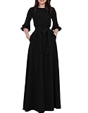 AOOKSMERY Women Elegance Audrey Hepburn Style Round Neck 3/4 Puff Sleeve Swing Maxi Dress Long Belt Dresses with Pockets (Black, Small)