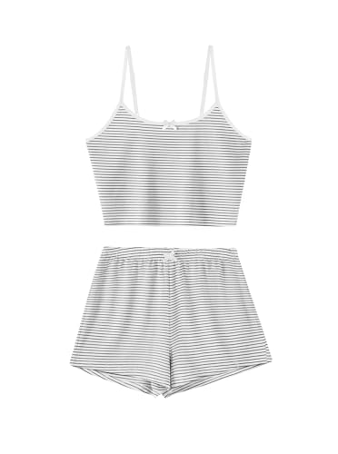 Image of Hilinker Womens Graphic 2 Piece Pajama Set Summer Cute Crop Cami and Shorts Ribbed Lounge Sets