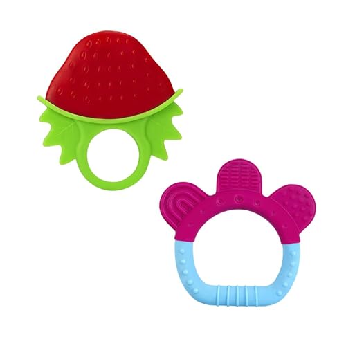 Image of Infantso Non-Toxic Food-Grade Silicone Baby Teether, BPA-Free for Pain-Relief Easy Teething, for 2+ Months Babies (Ring Blue & Strawberry Red)