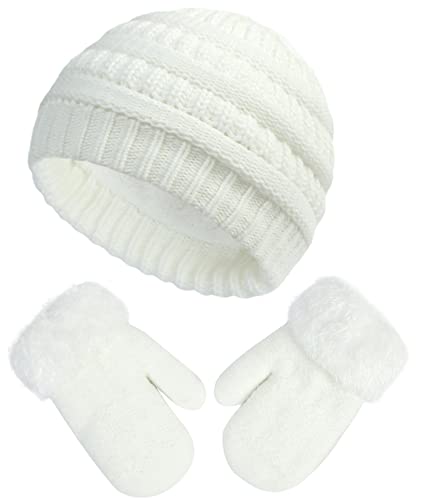 Muryobao Toddler Kids Girls Boys Knitted Winter Hat Gloves Set Warm Fleece Lined Skull Beanie Mittens Set Ages 1-6 Years