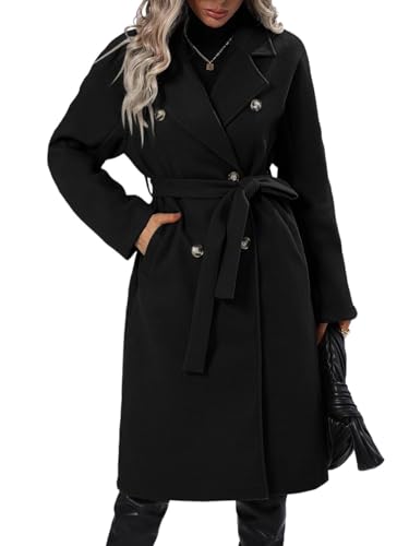 seiveini Manteau Femme Hiver Long Manteaux en Laine Chaud à Double Boutonnage Trench Chic et Élégant Coupe-Vent Classique A Noir L